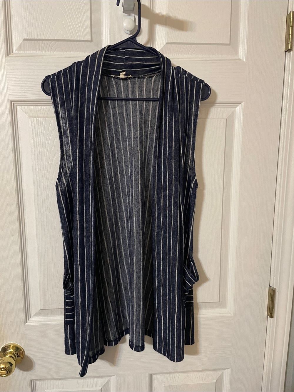 Maurices Navy and White Pinstripe Sleeveless Cardigan Vest